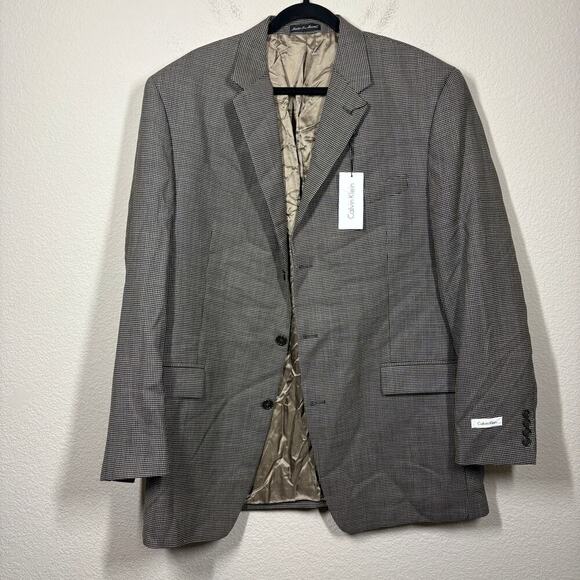 Calvin Klein Mens 46 Long Houndstooth Single Breasted Blazer Jacket Brown Wool